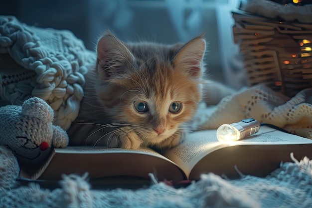 Kitty Reading A Book with Teddy Bear Magic Childhood Fairy Tale at Dream Night Light