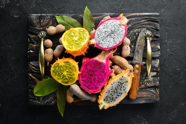 Kiwano and dragon fruit Tropical Fruits Top view Free space for text