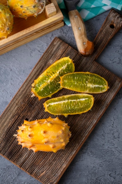 Kiwano fruit Horned melon is known by such names as African horned melon or melon jelly melon hedged gourd English Tomato melano or kiwano or cherie