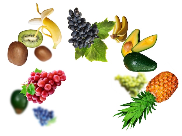 Kiwi banan avokado grape ananas levitate on a white background healthy diet Fresh fruits and vegetables