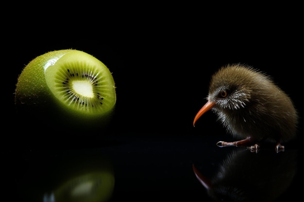 Photo a kiwi bird looking at a kiwi fruit the bird is standing on a dark background