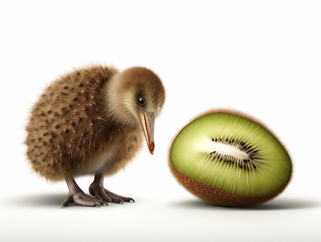 A kiwi bird looks at a kiwi fruit.