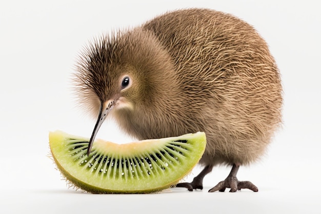 Kiwi bird with kiwi fruit on a white background created with generative AI