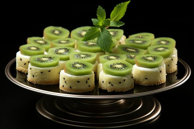 Kiwi fruit arranged on a cake or cupcakes as a decorative topping