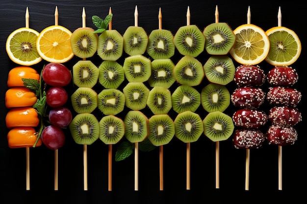 Kiwi fruit arranged on skewers with other fruits for kebabs
