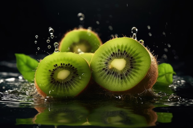 Kiwi fruit on a black background with water droplets.