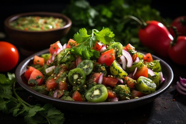 Kiwi fruit blended into a tangy salsa with tomatoes onions and cilantro