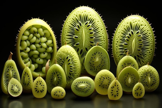 キウイの果物は皿を飾るための装飾的な形に刻されています