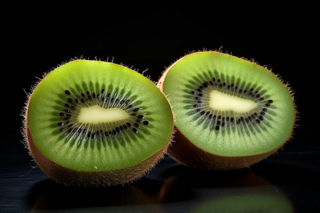 Kiwi fruit cut in half showcasing its vibrant green flesh and black seeds