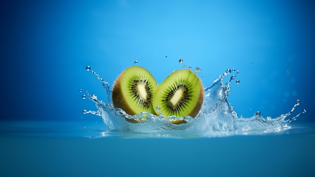 Kiwi fruit falling in water splash isolated on blue background AI generated