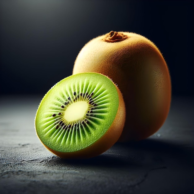 Kiwi fruit halves on black surface with dark background