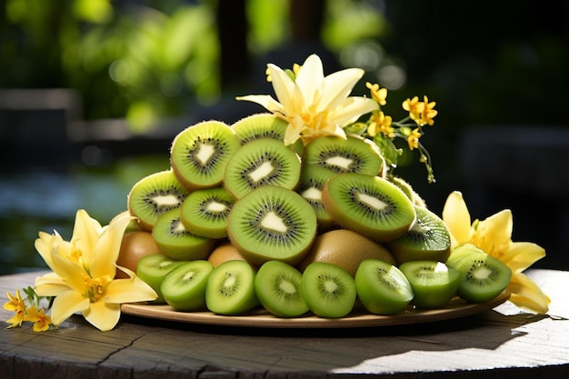 Photo kiwi fruit incorporated into a tropicalthemed centerpiece for a party or event