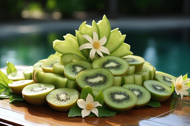 Photo kiwi fruit incorporated into a tropicalthemed centerpiece for a party or event