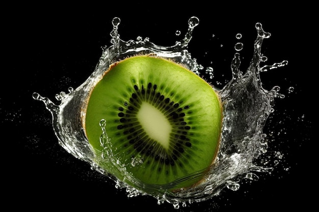 A kiwi fruit is being poured into a clear water.