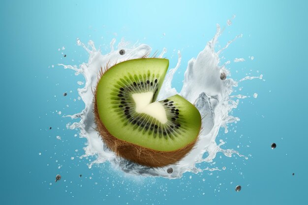 A kiwi fruit is being poured into a splash of milk.