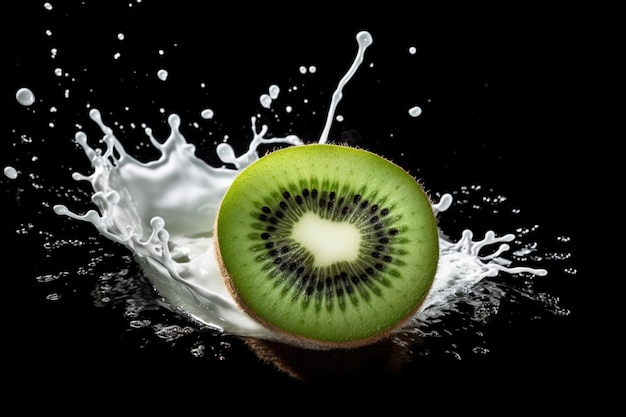 A kiwi fruit is being poured into a splash of milk.