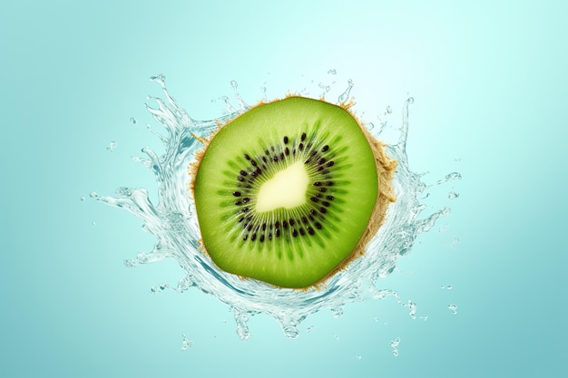 A kiwi fruit is being splashed with water.