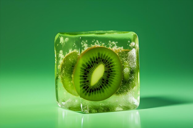 A kiwi fruit is in an ice cube with a green background