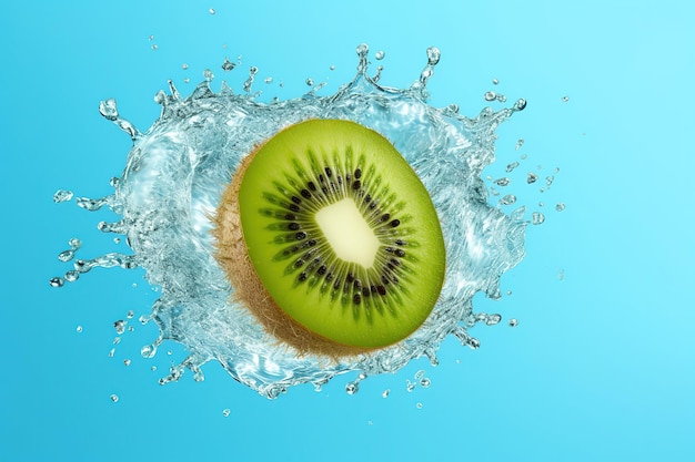 A kiwi fruit is in the water with a splash of water.