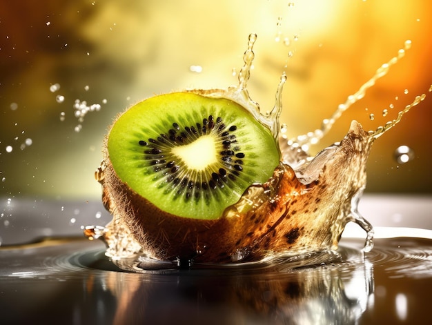 Kiwi fruit and mint ice cubes splashing water generative ai