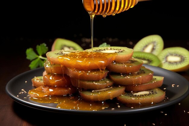 Kiwi fruit sliced and arranged on a plate with a drizzle of honey for added sweetness