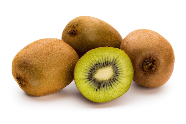 Kiwi fruit and sliced isolated on white surface.