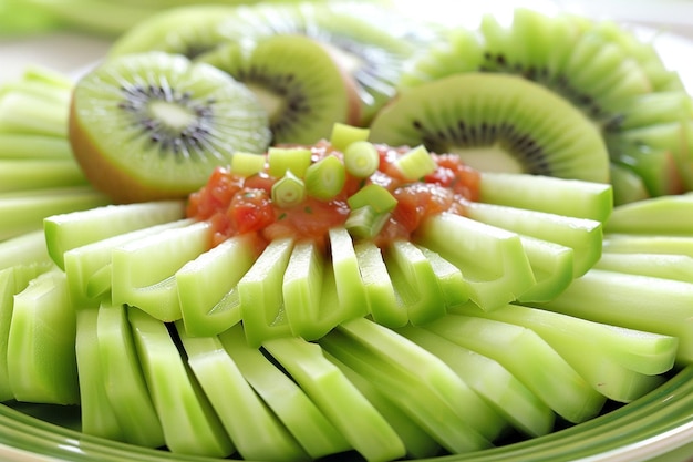 Photo kiwi fruit slices arranged on a plate with carrot chips and tzatziki sauce for dipping