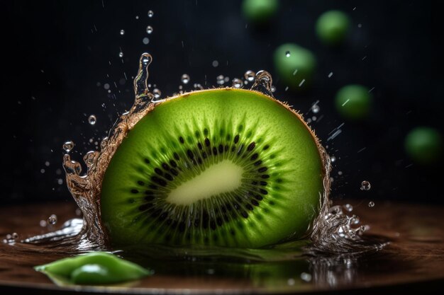 A kiwi fruit splashing in the air with water splashing around it.