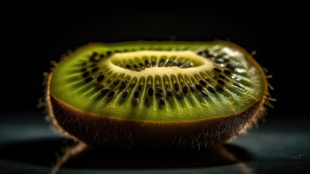 A kiwi fruit with seeds on it