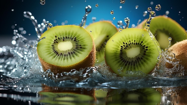 Kiwi Fruit with Water Splash on Blue Background