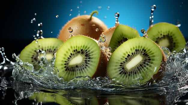 Kiwi Fruit with Water Splash on Blue Background