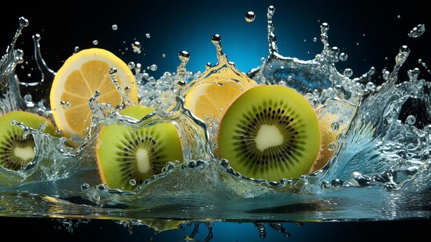 Kiwi Fruit with Water Splash on Blue Background