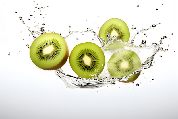 kiwi fruits falling into water product showcase illustration