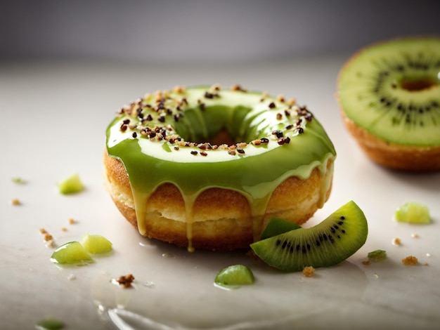 Foto donut vetrato di kiwi in illuminazione in studio e sfondo fotografia cinematografica di donut di cibo