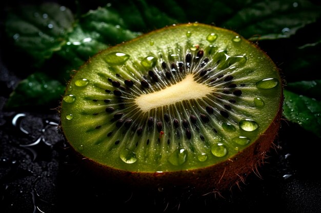 Kiwi half met waterdruppels en groene bladeren op zwarte achtergrond