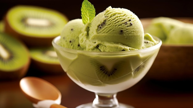 Kiwi ice cream with mint and fresh kiwi fruits