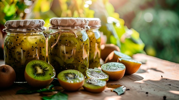 Kiwi jam in een pot Selectieve focus