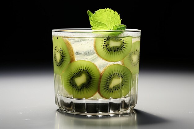 Photo kiwi juice served in a coconut shell with a slice of lime and a slice of watermelon