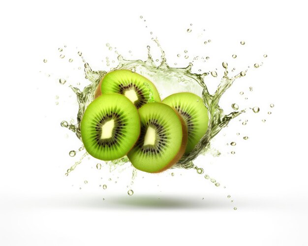 Foto succo di kiwi con spruzzi di kiwi in uno studio di sfondo bianco isolato