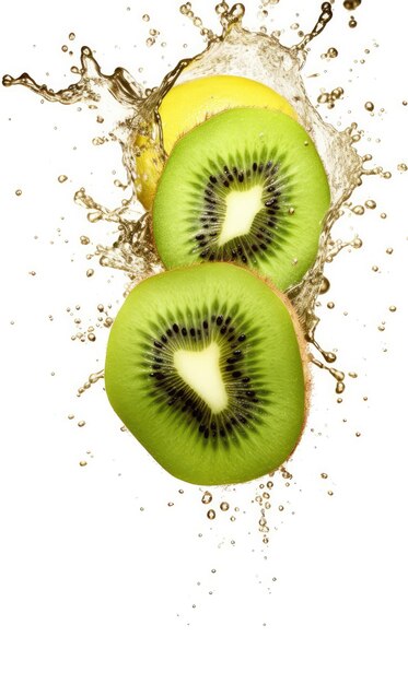 Kiwi juice with splashes with kiwi fruit in isolated white background studio shot