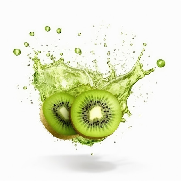 Kiwi juice with splashes with kiwi fruit in isolated white background studio shot