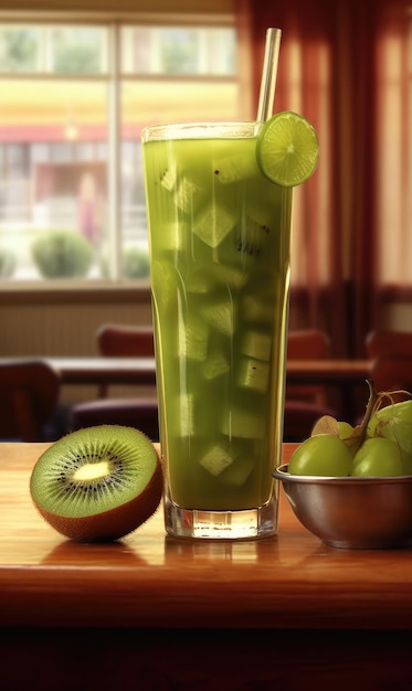 Kiwi juice with splashes with kiwi fruit in studio background restaurant with garden