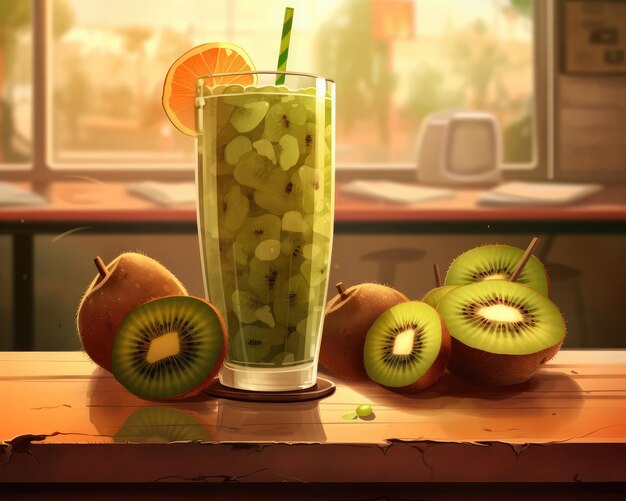 Kiwi juice with splashes with kiwi fruit in studio background restaurant with garden