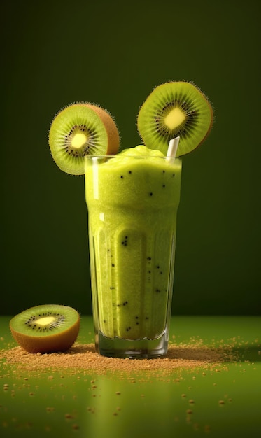 Kiwi juice with splashes with kiwi fruit in studio background restaurant with garden