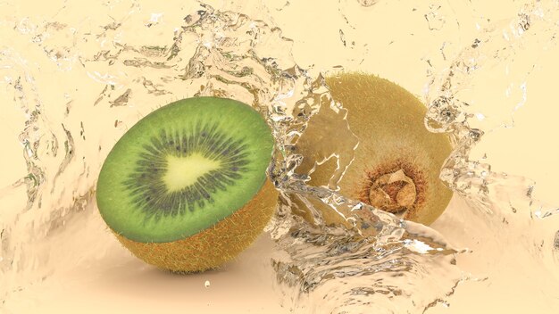 Kiwi op gele achtergrond in spatten van water, 3d illustratie