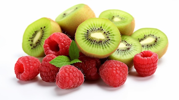 Kiwi and raspberries on a white background close up