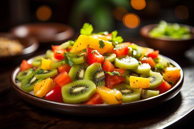 Kiwi's in een kleurrijke fruitsalsa met paprika's en uien