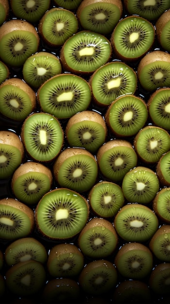 Foto fetta di kiwi circondata da controparti intatte in un vibrante insieme fruttato sfondo mobile verticale