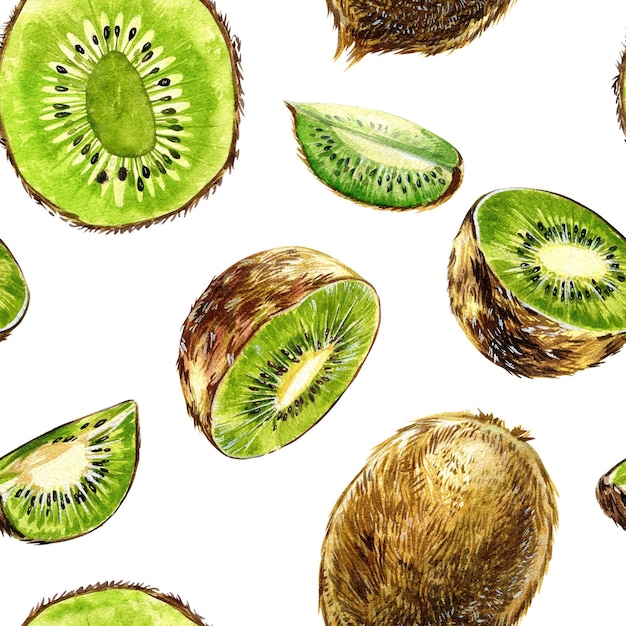 Kiwi slices illustrations isolated on white background Fresh tropical citrus fruit sliced Realistic kiwi fruits hand draw watercolor illustrations