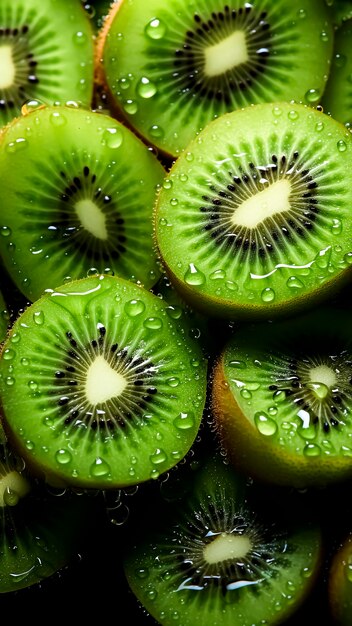 Foto fette di kiwi con gocce d'acqua concetto di cibo sano e frutta sana